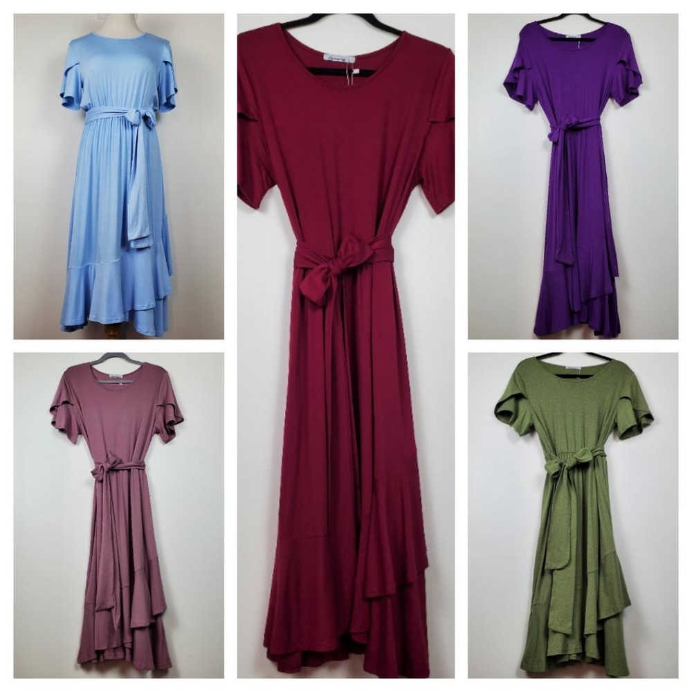 Levaca Womens Light Summer Dress Short Sleeve Belted Round Neck Size L Armygreen